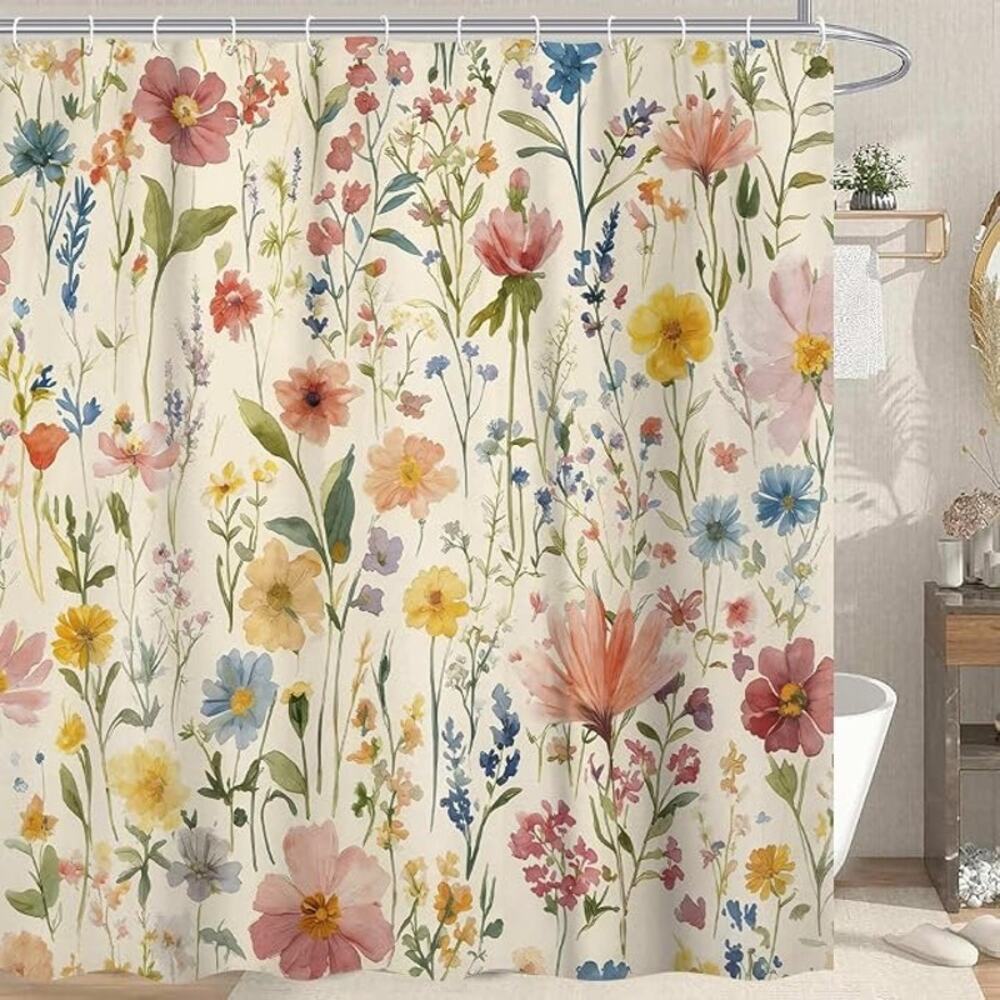 Floral Fabric Shower Curtain 72x72 Cream Green Pink Like New